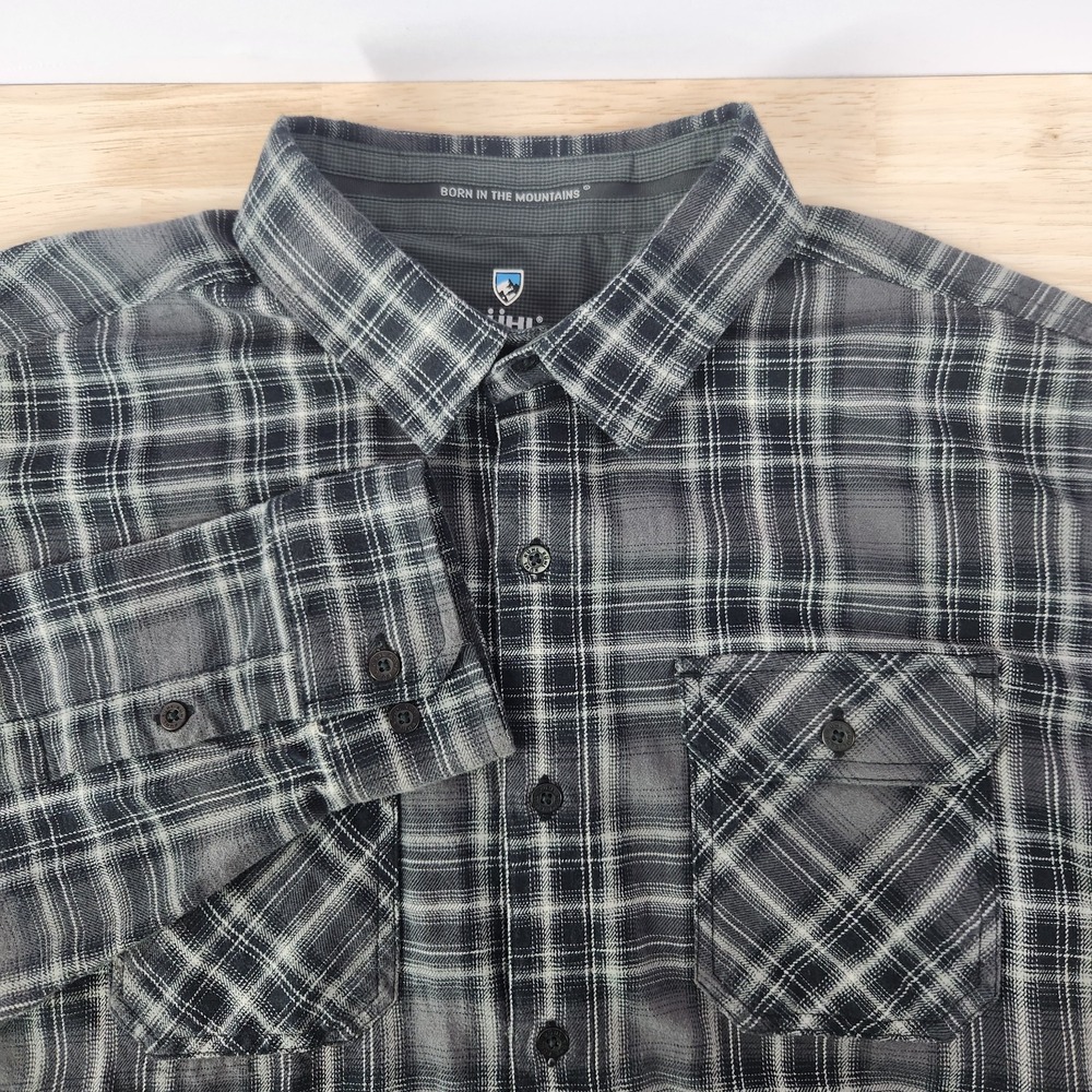 Kuhl Plaid Flannel Button Up Long Sleeve Shirt Mens L Tencel Cotton Gray